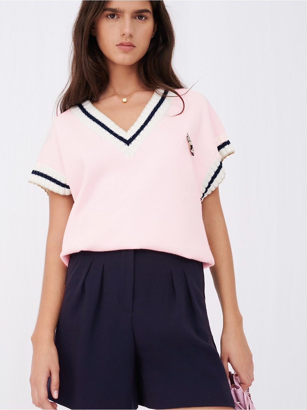 Maje Pink V-Neck Short Sleeve Sweater with Navy & Cream Trim